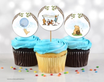 Classic Winnie The Pooh Birthday Cupcake Toppers, Printable Pooh Favor Round Tags, Printable Pooh Party Decor, Instant Download, WTPB#001
