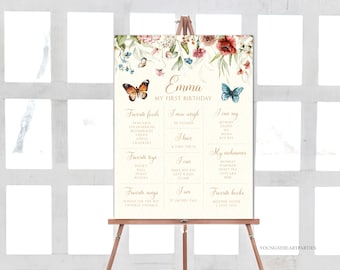 Wildflower Butterfly Milestone Sign Template, Editable Bohemian Floral Milestone Board, Meadow Flowers, Printable Baby's First Birthday Sign
