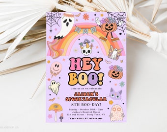 Editable Halloween Retro Groovy Rainbow Ghost Birthday Party Invitation Hey Boo Ghost Birthday Hippie Halloween Template Instant Download