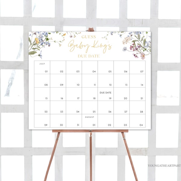 Wildblumen Baby Fälligkeitsdatumskalender, Errate den Geburtstag des Babys, bearbeitbare Babyvorhersage, Botanische Blumen Fälligkeitsdatumsspiel, Babypartyspiel, WMF