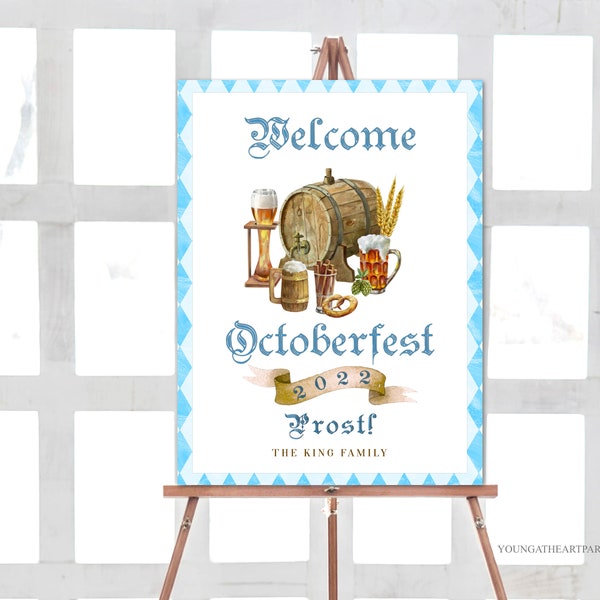 Segno di benvenuto tradizionale dell'Oktoberfest blu modificabile con controllo bavarese, modello di benvenuto del giardino della birra dell'Oktoberfest, poster di benvenuto, Corjl