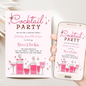 Mid Century Retro Cocktail Party Template, Editable 50s Cocktail Party Invite, Vintage Cocktail Party Invitation, Retro Pink Party Invite