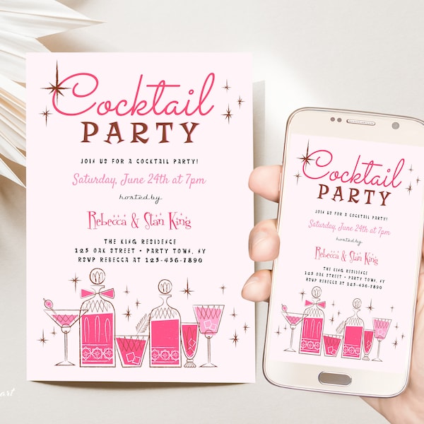 Mid Century Retro Cocktail Party Template, Editable 50s Cocktail Party Invite, Vintage Cocktail Party Invitation, Retro Pink Party Invite
