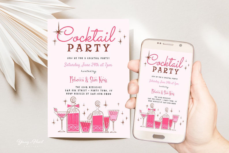 Mid Century Retro Cocktail Party Template, Editable 50s Cocktail Party Invite, Vintage Cocktail Party Invitation, Retro Pink Party Invite image 1