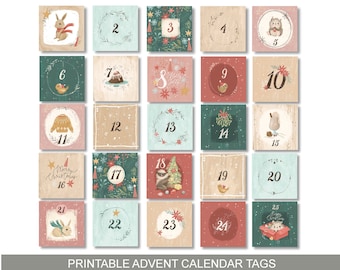 Étiquettes de calendrier de l'Avent de Noël Cartes de calendrier du compte à rebours de Noël Enfants Classe Télécharger Étiquettes cadeaux Étiquettes de faveur Téléchargement numérique