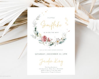 Winter Boho Baby Shower Invitation Template, Editable December Florals Baby Shower Invite, A Little Snowflake is On the Way Shower, WBBS