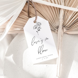 Minimalistische moderne Blumenanhänger-Vorlage, bearbeitbare Blumenleiste Brautduschenanhänger, Liebe in Bloom Anhänger, minimalistischer Brautduschenbevorzugungsanhänger