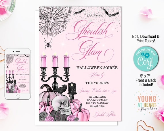 Pink Halloween Invitation Template, Gothic Halloween Party Invitation ...