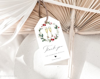 Editable Winter Engagement Thank You Tag, Holiday Champagne Engagement Favor Tags, Christmas Wedding Engagement Party Tags, Holly Berries