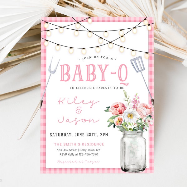 Baby-Q Shower Invitation Template, Pink BBQ Baby Shower Invitation, Baby Girl Shower Invitation, Backyard Baby Shower Invite, Evite Template