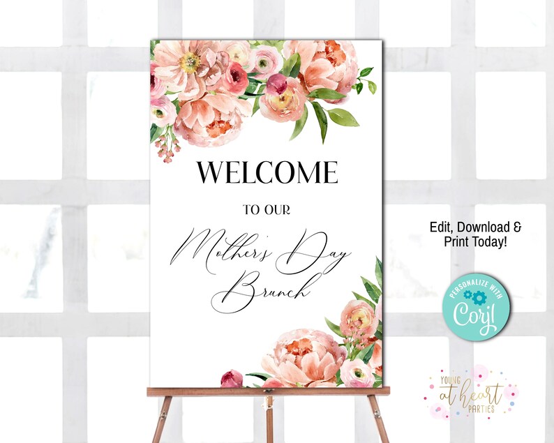 Editable Mother's Day Brunch Welcome Sign, Mothers Day Poster Sign, Watercolor Florals, Instant Download, Corjl Welcome Sign image 2