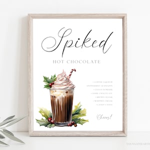 Placa de receita de chocolate quente com pontas, placa exclusiva de bar de coquetéis de cacau de Natal, placa de receita de menu de bebida de feriado editável, modelo Corjl