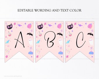 Editable Pink Halloween Birthday Banner, Editable Girly Pink Halloween Bunting, Spooktacular Halloween Party Decorations, Corjl, PH02