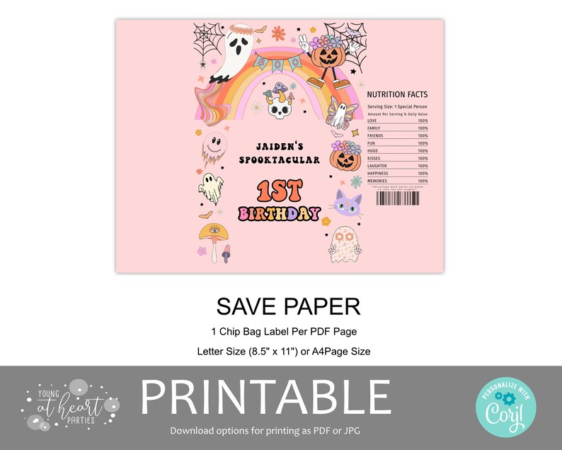 Groovy Pink Halloween Chip Bag Template, Editable Rainbow Ghost Chip Bag Wrapper, Hippie Ghost Party Favors, Printable Download image 5