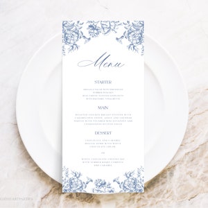 Szablon menu na brunch dla nowożeńców w kolorze niebieskim, menu na wieczór panieński w stylu vintage blue botanics, edytowalna karta menu w kolorze francuskim, karta menu do wydrukowania, BBT