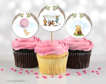 Classic Winnie The Pooh Birthday Cupcake Toppers, Printable Pooh Party Decor, Printable Pooh Favor Round Tags, Instant Download, WTPB#001