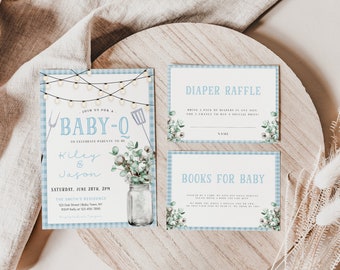 Baby-Q Shower Boy Invitation Bundle, BBQ Couples Baby Shower Invite Suite, Blue Baby Shower, Couples Baby Shower Invite Set, Backyard Shower