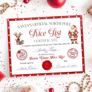 Lettera di certificato ufficiale Nice List personalizzata di Babbo Natale, dalla scrivania della posta di Babbo Natale al Polo Nord, modello stampabile per scatola della vigilia di Natale