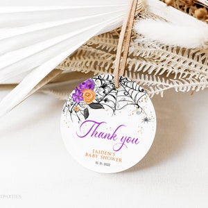 Orange Purple Halloween Baby Shower Favor Tags, Editable Halloween Baby Shower Thank You Tags, Round Favor Tags, A Little Boo Baby Shower