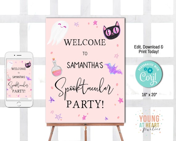 Girls Pink Halloween Birthday Welcome Sign Pastel Halloween Party Welcome Poster Pink Halloween Party Decorations Editable Template Corjl Il_570xn