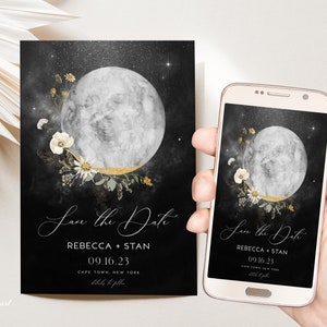 Celestial Moon Save The Date Karte, Floral Moon Save the Date Vorlage, Boho Mondmond Hochzeit, Schwarz und Gold, Mond und Sterne Hochzeit, MSN1
