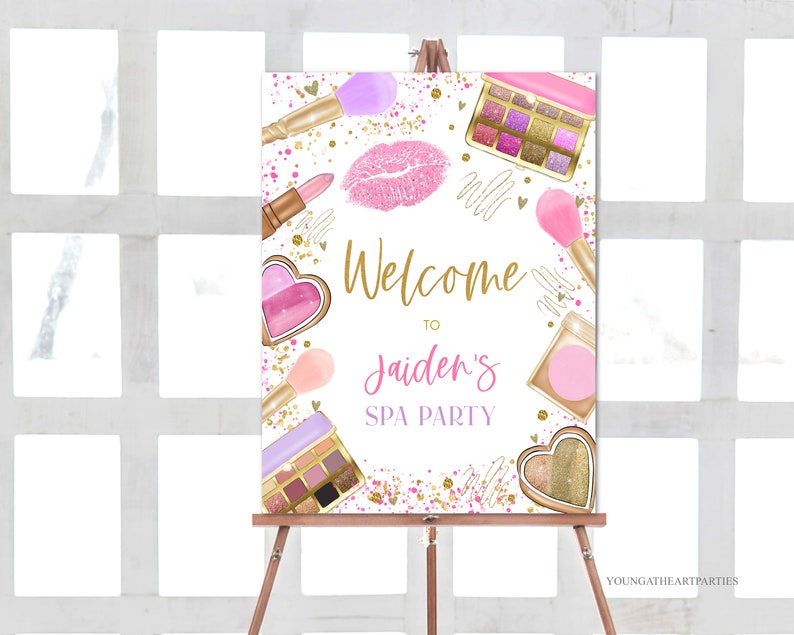 Spa Welcome Sign, Makeup Party Sign, Spa Birthday Party, Makeup Party Decoration, Glam Party Decor, Editable Welcome Sign, Corjl Template image 1