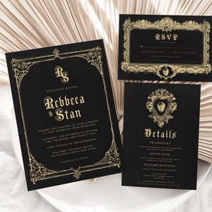 Bearbeitbare Schwarz-Gold-Gothic-Hochzeits-Einladungsreihe, Gothic-Victorian-Skull-Hochzeits-Einladungs-Set-Vorlage, Halloween-Hochzeits-Box, Gew