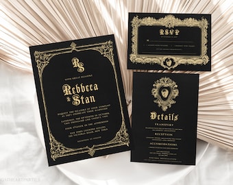 Editable Black and Gold Gothic Wedding Invitation Suite, Gothic Victorian Skull Wedding Invite Set Template, Halloween Wedding Suite, GW