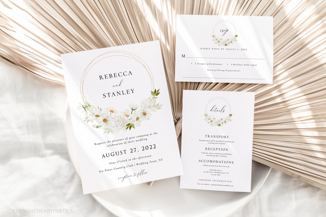Daisy Wedding Invitation Template Set, Delicate Daisy Flower Invitation ...