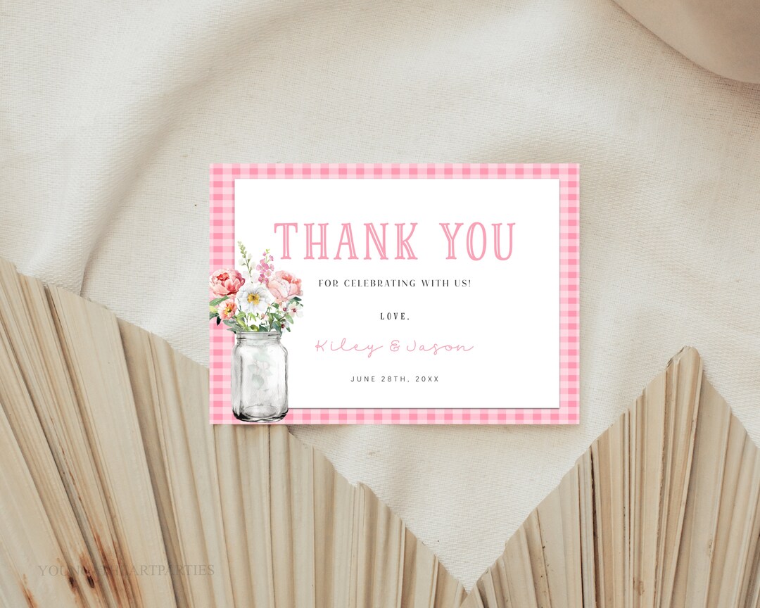 Pink Gingham Babyq Thank You Card, BBQ Shower Thank You Notes, Baby