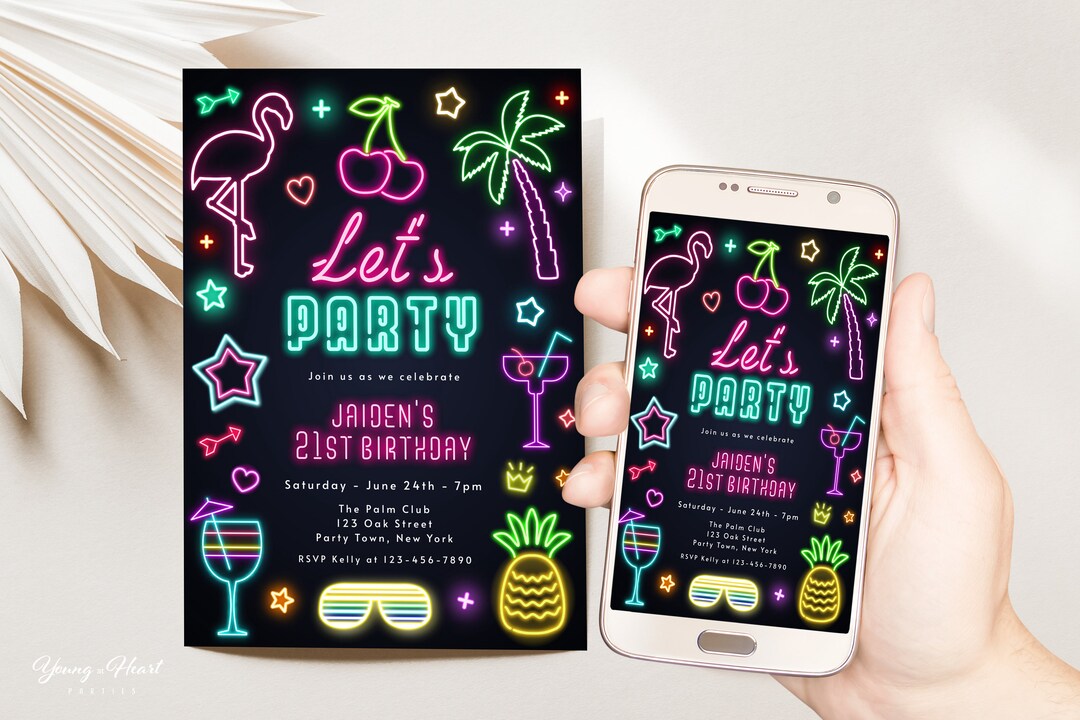 Editable Neon Birthday Party Invitation, Neon Invite Template, Neon ...