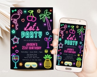 Editable Neon Birthday Party Invitation, Neon Invite Template, Neon Light Digital Birthday Invitation, Any Age Mobile Evite, Teen Party