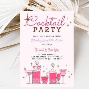 Mid Century Retro Cocktail Party Template, Editable 50s Cocktail Party Invite, Vintage Cocktail Party Invitation, Retro Pink Party Invite image 2