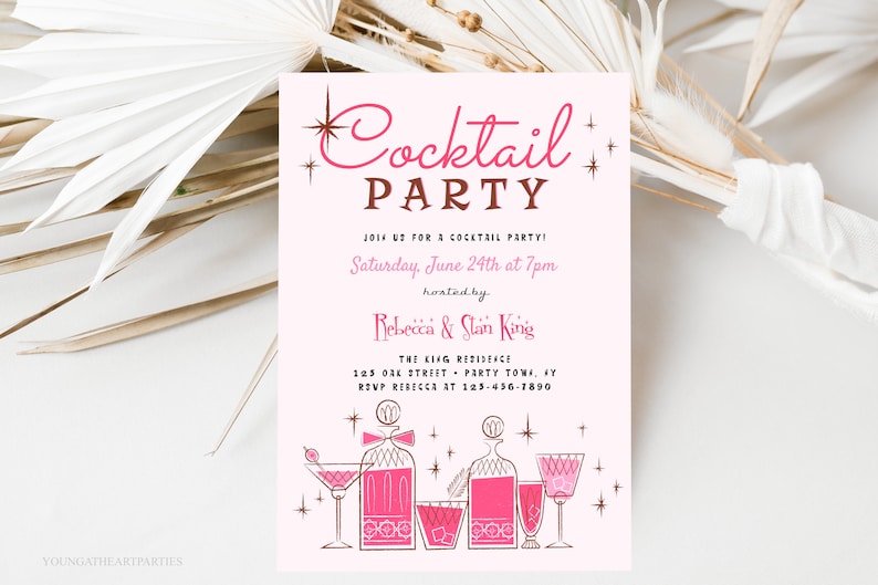 Mid Century Retro Cocktail Party Template, Editable 50s Cocktail Party Invite, Vintage Cocktail Party Invitation, Retro Pink Party Invite image 2