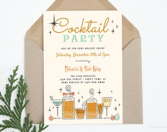 Mid Century Retro Christmas Cocktail Party Template, Editable 50s Holiday Cocktail Party Invite, Vintage New Years Cocktail Party Invitation