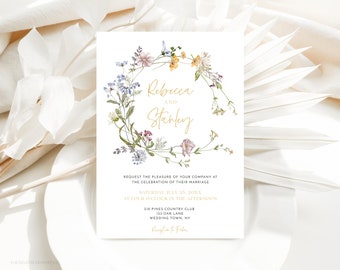 Boho Wedding Invitation, Wildflower Wedding Invitation, Printable Botanical Wedding Invitation, Instant Download, Edit with Corjl, WMF