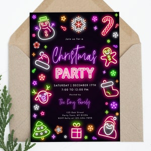 Neon Christmas Party Invitation Template, Editable Neon Holiday Party Invitation, Neon Christmas Signs, Instant Download, Evite Invitation