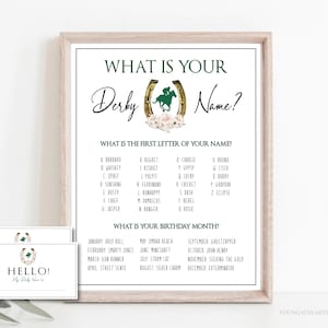 Belmont Stakes Whats Your Derby Name Game Template, Bewerkbare paardenrace Party Name Game met naamkaarten, Derby Printable Party Games, Corjl