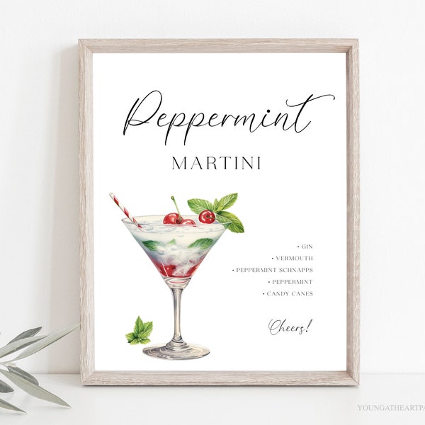 Peppermint Martini Cocktail Recipe Sign, Signature Christmas Cocktail Bar Sign, Editable Holiday Drink Menu Recipe Sign, Corjl Template