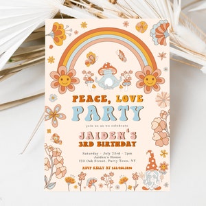 Peace Love Party Birthday Invitation Template, Editable Groovy Birthday Invite, Groovy Mushroom Birthday Invite, Girls Retro Rainbow Invite image 1