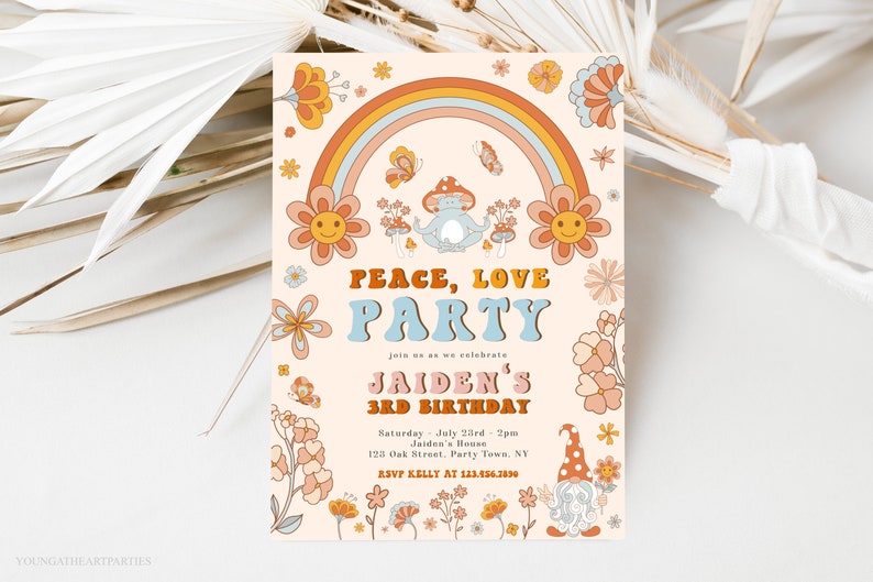 Peace Love Party Birthday Invitation Template, Editable Groovy Birthday Invite, Groovy Mushroom Birthday Invite, Girls Retro Rainbow Invite image 1