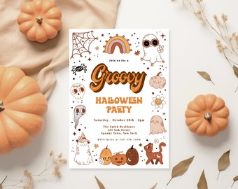 Retro Groovy Halloween Party Invitation, 70's Themed Halloween Party Invite, Invitation Template, Instant Download, Kids Halloween Party