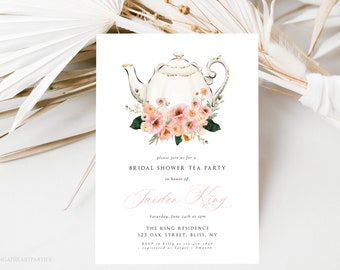 Bridal Shower Tea Party Invitation Template, Printable Bridal Tea Shower Invite, Blush Pink Floral Bridal Brunch, Editable with Corjl, PPFT