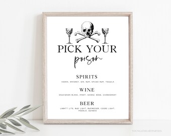 Vintage Halloween Pick Your Poison Bar Menu, Editable Gothic Halloween Bar Sign, Halloween Party Drink Menu, Black and White Halloween Decor