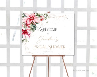 Christmas Bridal Shower Welcome Sign Template, Delicate Poinsettia Florals Welcome Poster, Winter Holly Berries, Holiday Bridal Shower