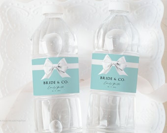Editable Bride & Co Bridal Shower Label, White Satin Bow with Paris Blue Bottle Label Template, Breakfast at Shower Theme Water Bottles, BTD