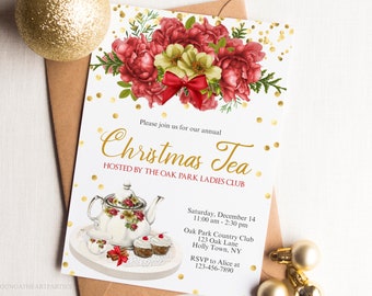 Christmas Tea Party Invitation, Holiday Tea Party Invitation, Tea Party Invitation Template, Christmas Party Flyer, Instant Download, Corjl