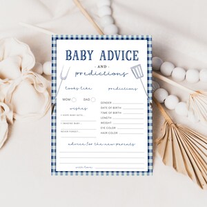 Carta di previsioni e consigli per bambini blu navy Baby-Q, stampabile Baby BBQ Wishes Gioco per baby shower, Gioco per doccia per neonati in cortile, Modifica con Corjl