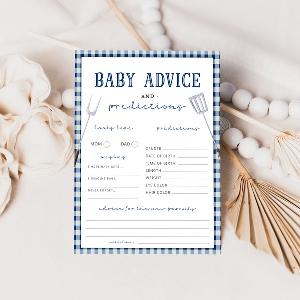 Navy Blue Baby-Q Baby Predictions & Advice Card, Printable Baby BBQ Wishes Baby Shower Game, Backyard Baby Boy Shower Game, Edit with Corjl