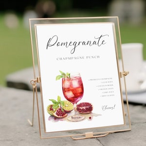 Cartello ricetta punch champagne al melograno, cartello firma bar cocktail melograno, cartello ricetta menu bevande natalizie modificabile, modello Corjl